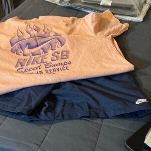 Nike SB Tan Tee with navy Graphic and Navy Shorts